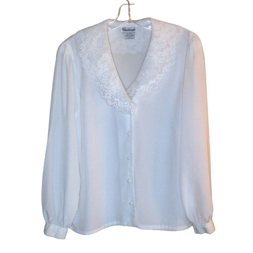 Vintage Gailord Lace Collar Blouse Top Long Sleeve Pristine Condition White 8